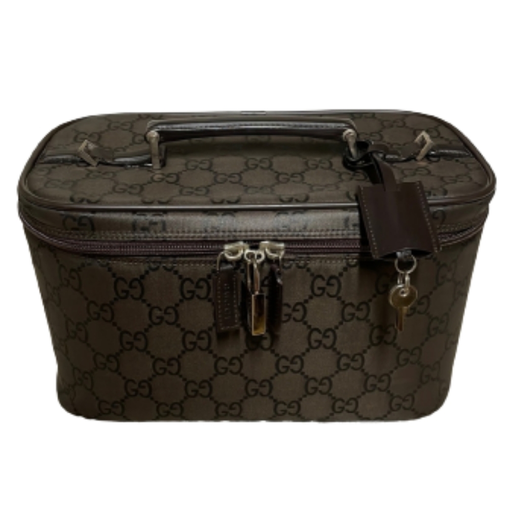 GUCCI GG LEATHER NYLON TWO-WAY TRAIN CASE VANITY BAG SHOULDER MAKEUP HAN…